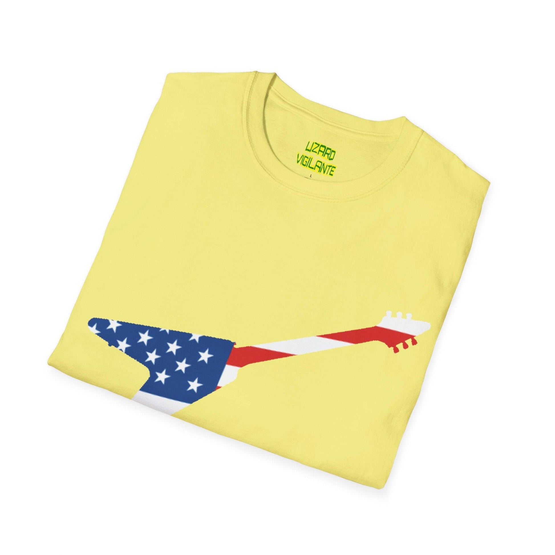 American Flag Colored Flying V Electric Guitar Unisex Softstyle T-Shirt - Lizard Vigilante