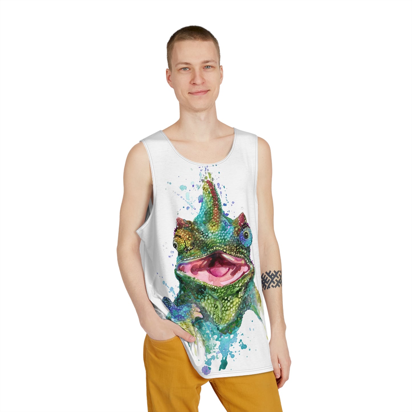 Colorful Chameleon Watercolor Men's Tank Top — Artistic Summer Graphic Tee