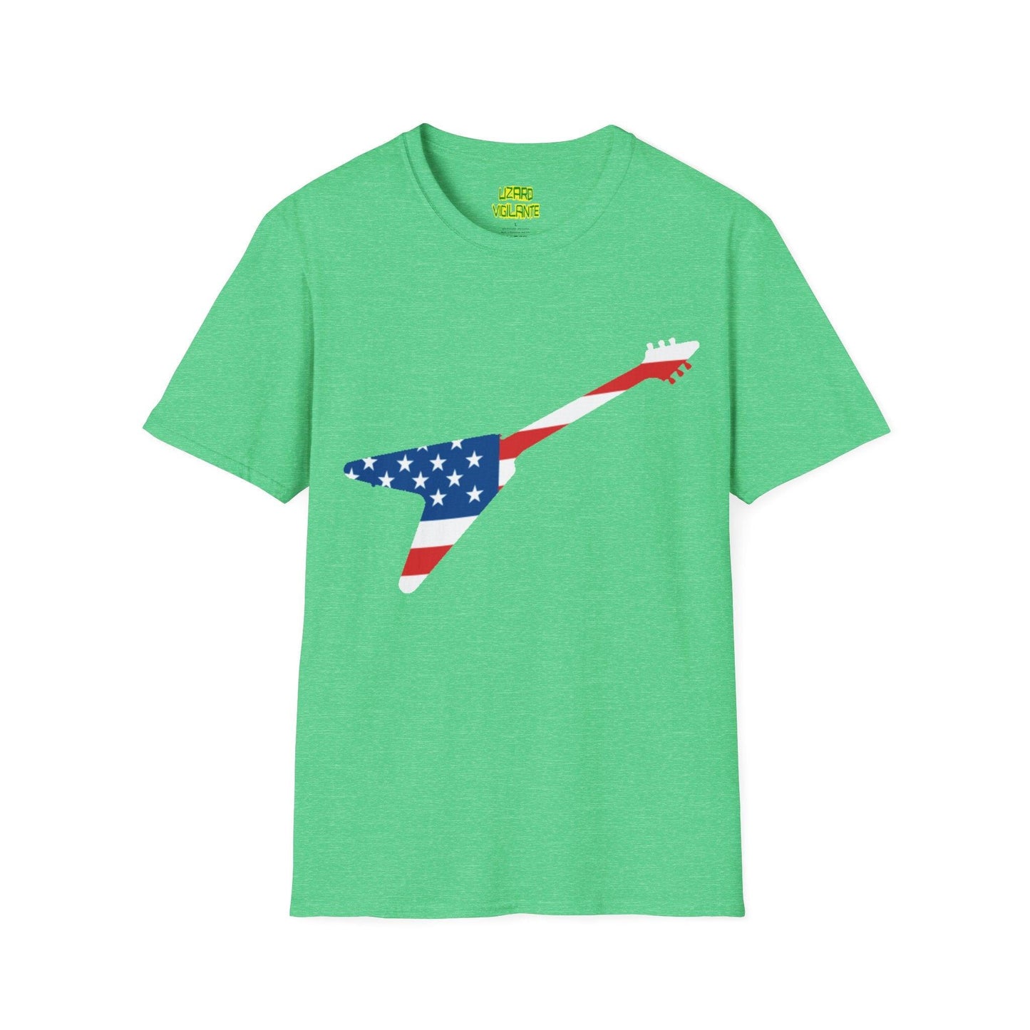 American Flag Colored Flying V Electric Guitar Unisex Softstyle T-Shirt - Lizard Vigilante