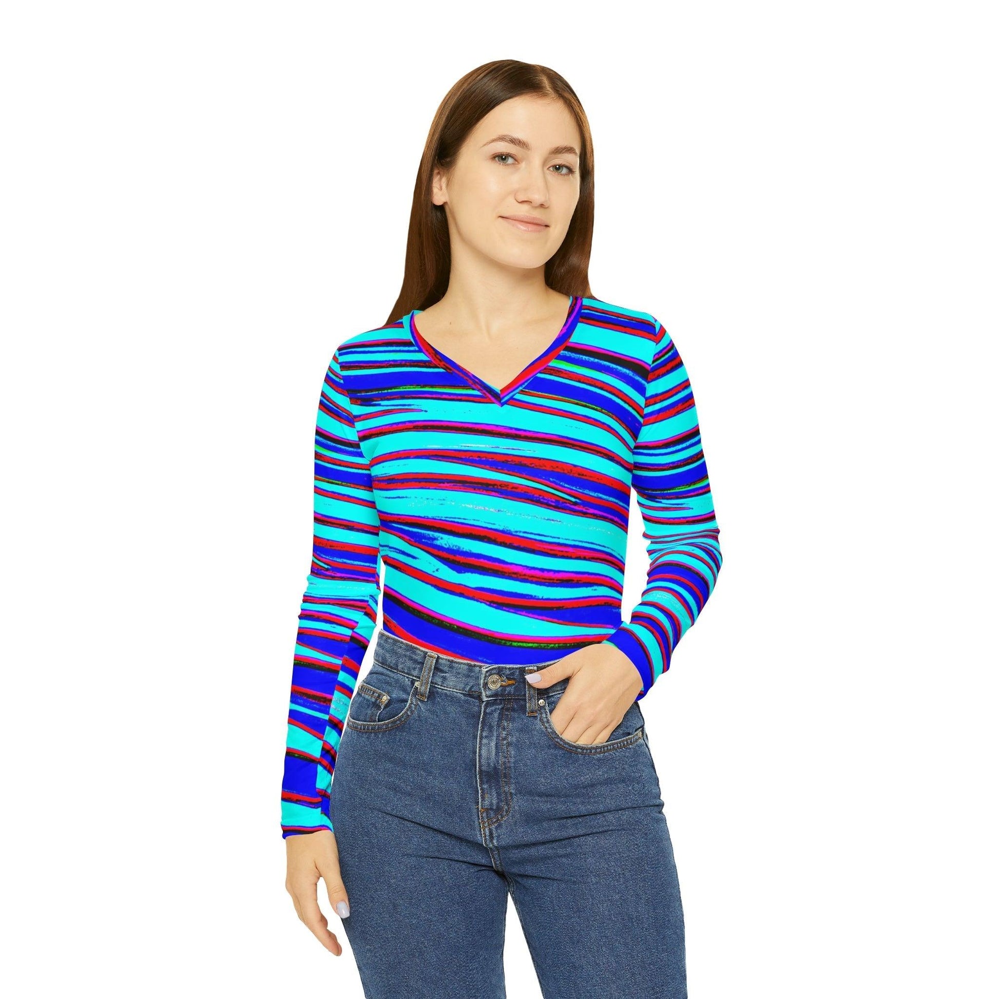 Strips Women's Long Sleeve V-neck Shirt - Lizard Vigilante