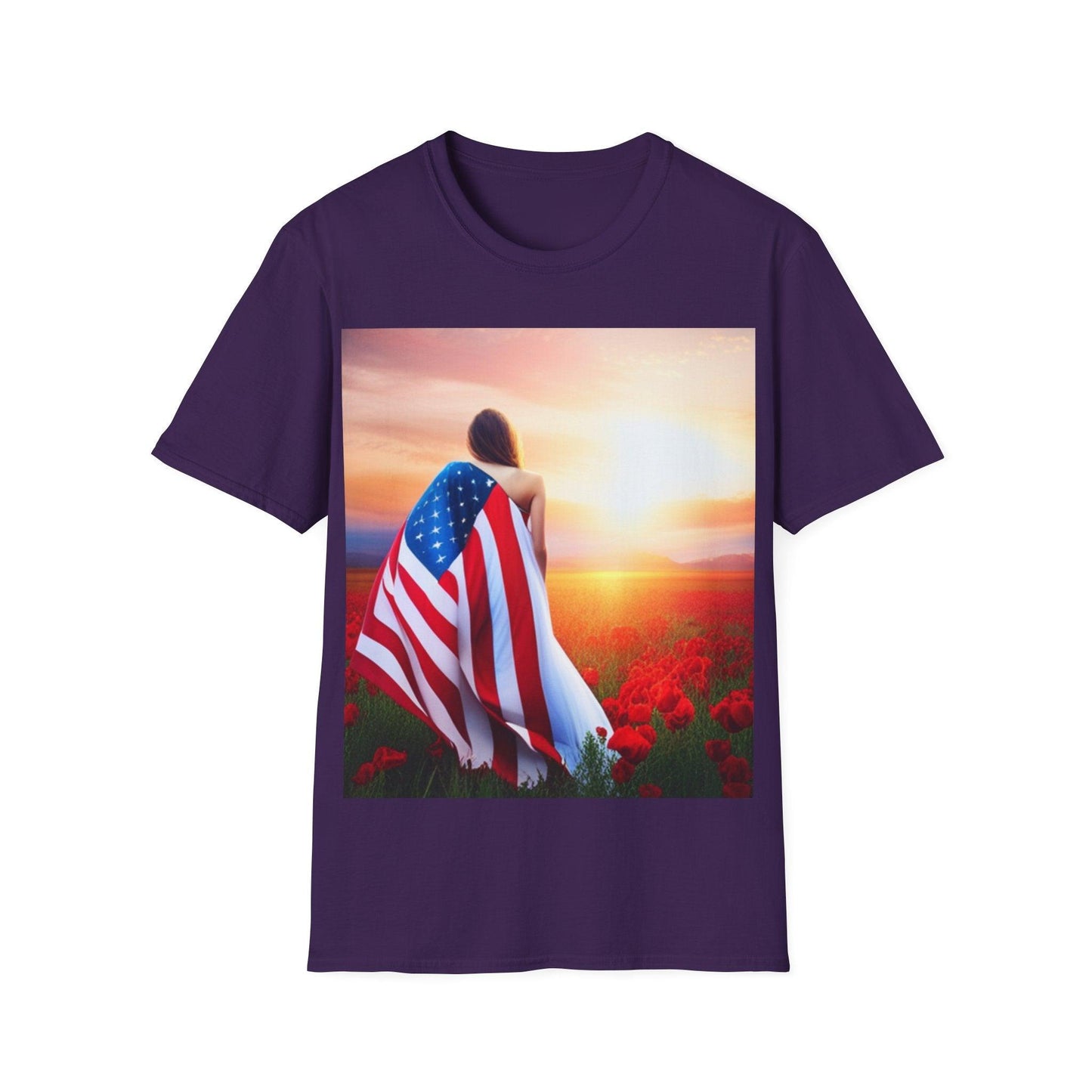 American Woman! Patriot Draped Red, White, and Blue Flag Over Shoulder Looking at Beautiful Horizon Unisex Softstyle T-Shirt - Lizard Vigilante