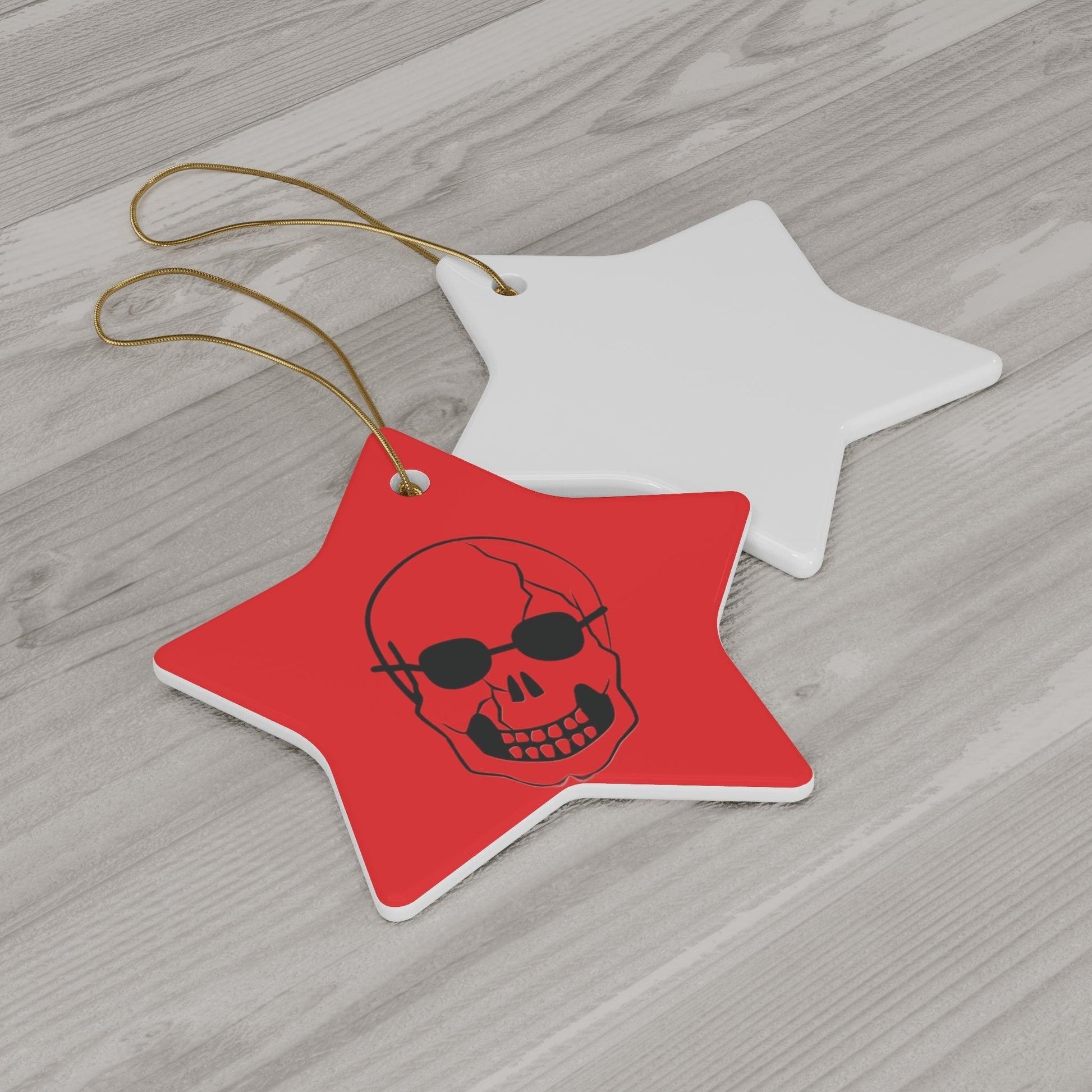 Red Skull With Shades Ceramic Ornament, 4 Shapes Glossy Finish, Snowflake, Star, Heart, and Circle, Black Sunglasses - Lizard Vigilante