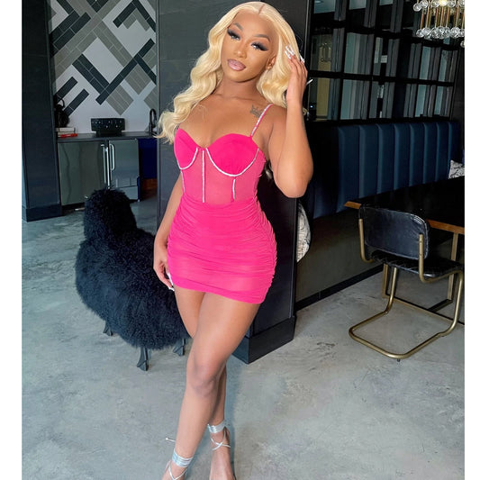 Summer Women Clothing Sexy Tight Mesh See through Diamond Embedded Pleated Cami Dress