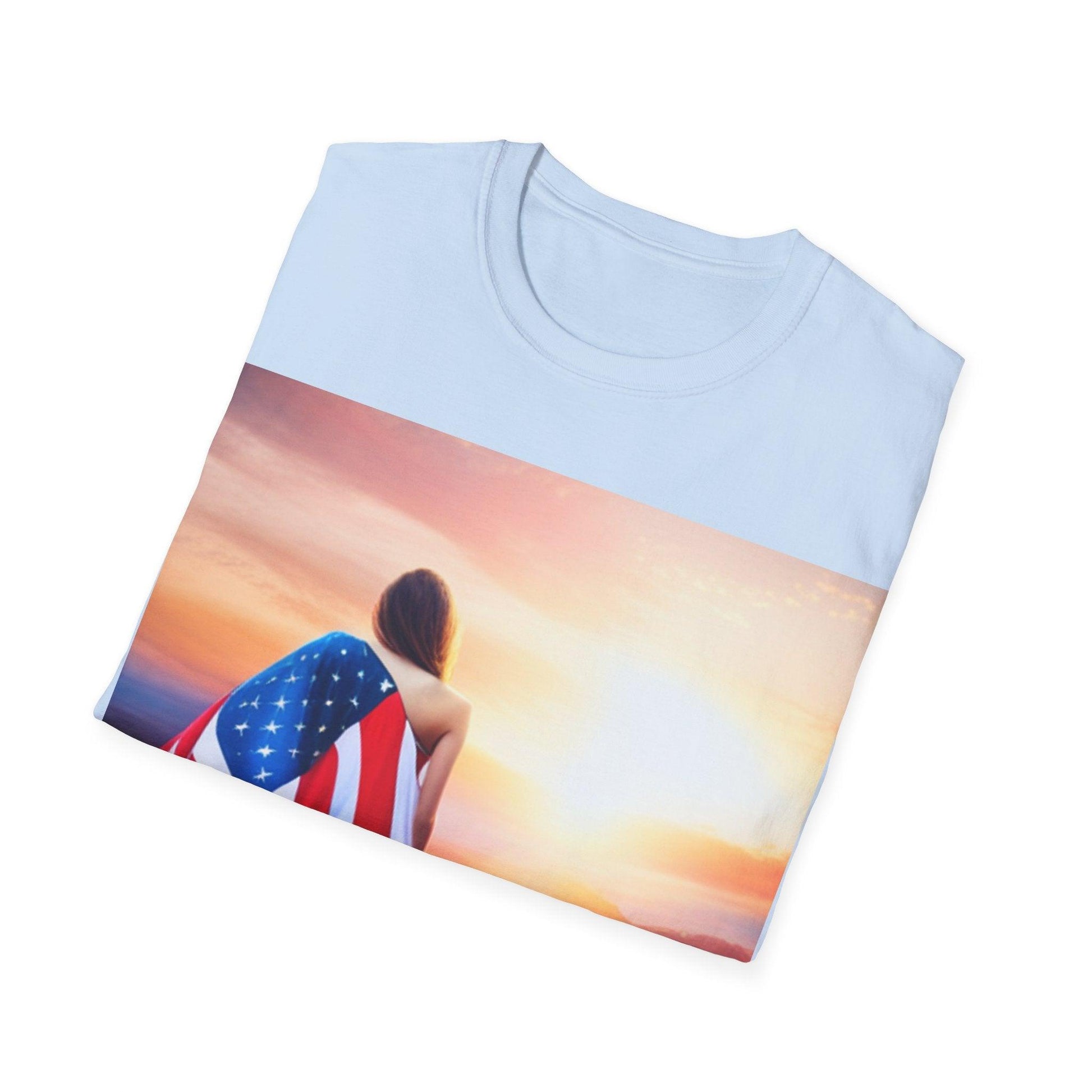 American Woman! Patriot Draped Red, White, and Blue Flag Over Shoulder Looking at Beautiful Horizon Unisex Softstyle T-Shirt - Lizard Vigilante