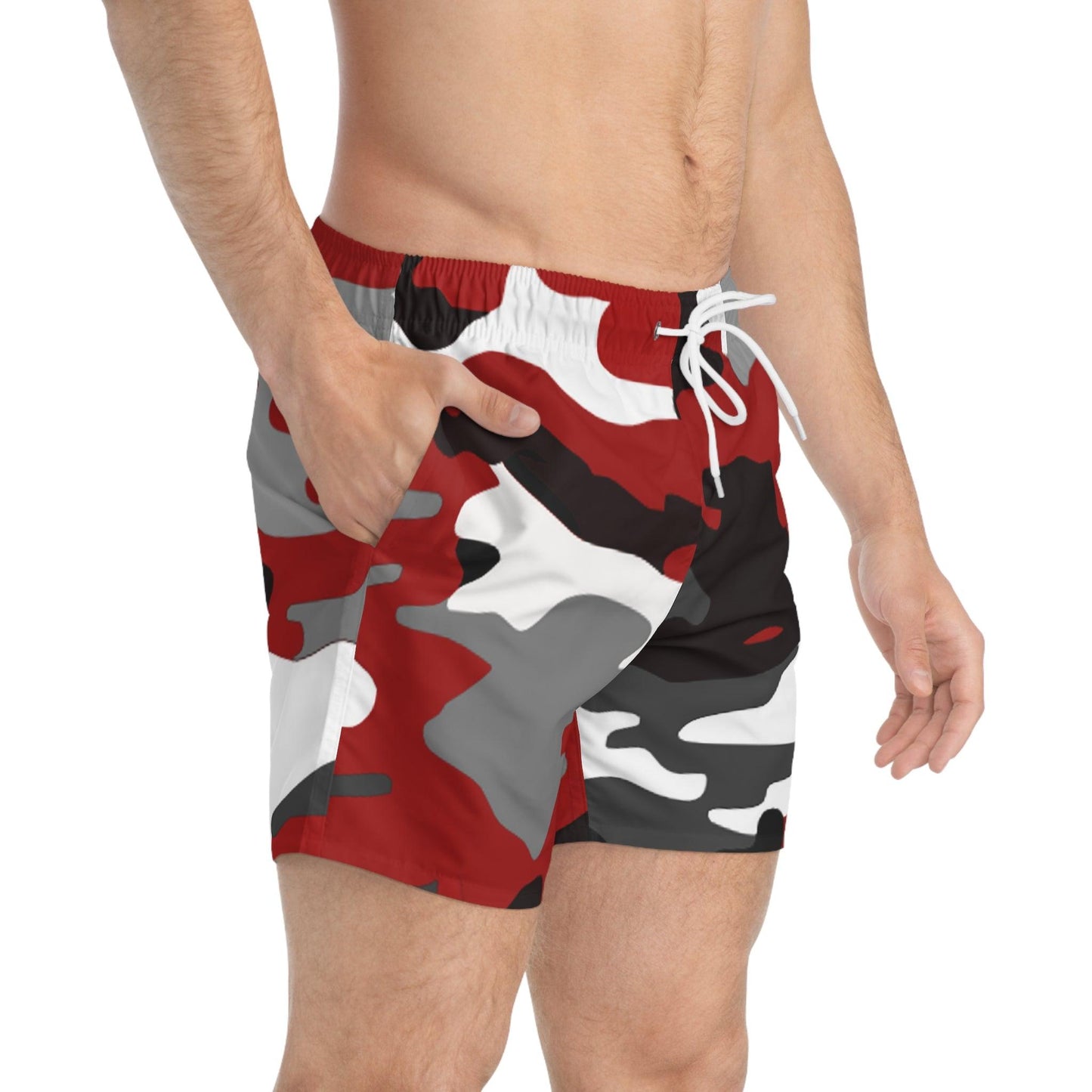 Red Black White Grey Camo Pattern Swim Trunks - Lizard Vigilante