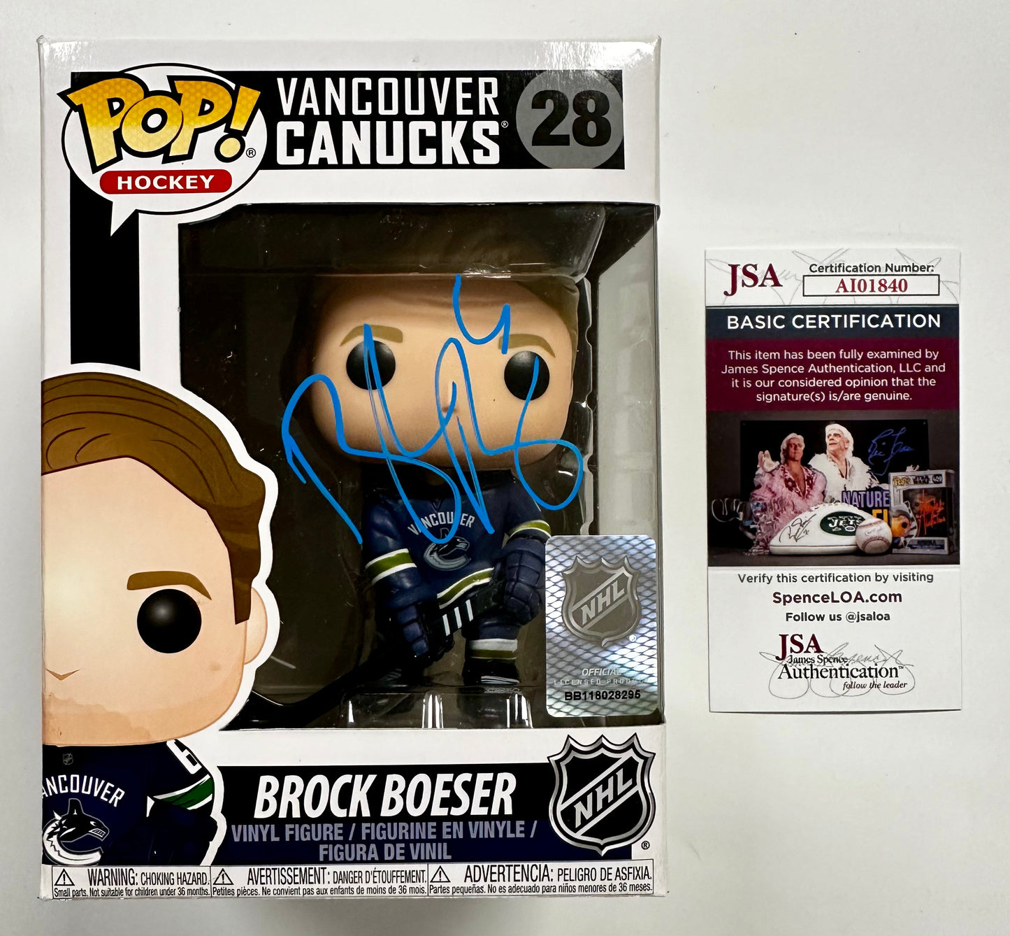 Brock Boeser Signed NHL Hockey Vancouver Canucks Funko Pop! #28 With JSA COA