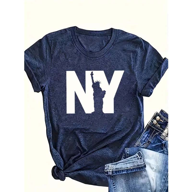 Women's Round Neck 'NY' & Statue Of Liberty Print Short Sleeve Tee - Summer Casual Top