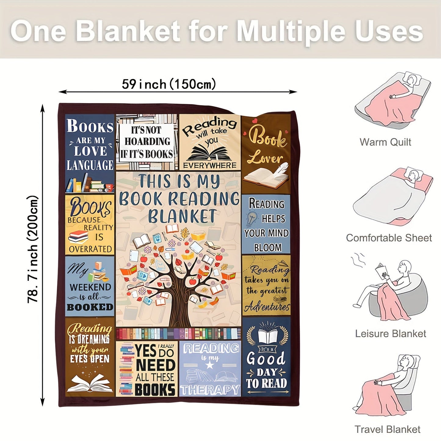 1pc Book Printed Blanket Bookworm, Book Manager, Gift Blanket For Reading Lovers, Home Casual Throw Blanket, Soft Warm Couch Blanket, Bed, Office Lunch Break Blanket, Multi-purpose Blanket For Camping Travel