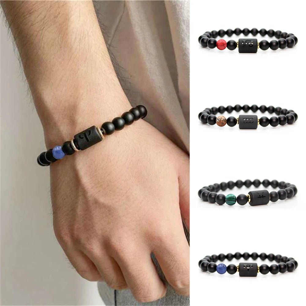 12 Zodiac Sign Obsidian Bracelet For Women Men Fashion Natural Black Agate Stone Elastic Bead Bracelet Bangles Birthday Jewelry - Premium bracelets from Lizard Vigilante - Just $22.39! Shop now at Lizard Vigilante