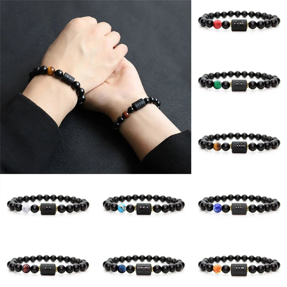 12 Zodiac Sign Obsidian Bracelet For Women Men Fashion Natural Black Agate Stone Elastic Bead Bracelet Bangles Birthday Jewelry - Premium bracelets from Lizard Vigilante - Just $22.39! Shop now at Lizard Vigilante