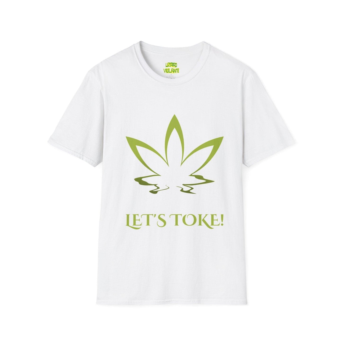 Let's Toke! Unisex Softstyle T-Shirt with Green Smoking Pot Leaf, White - Lizard Vigilante