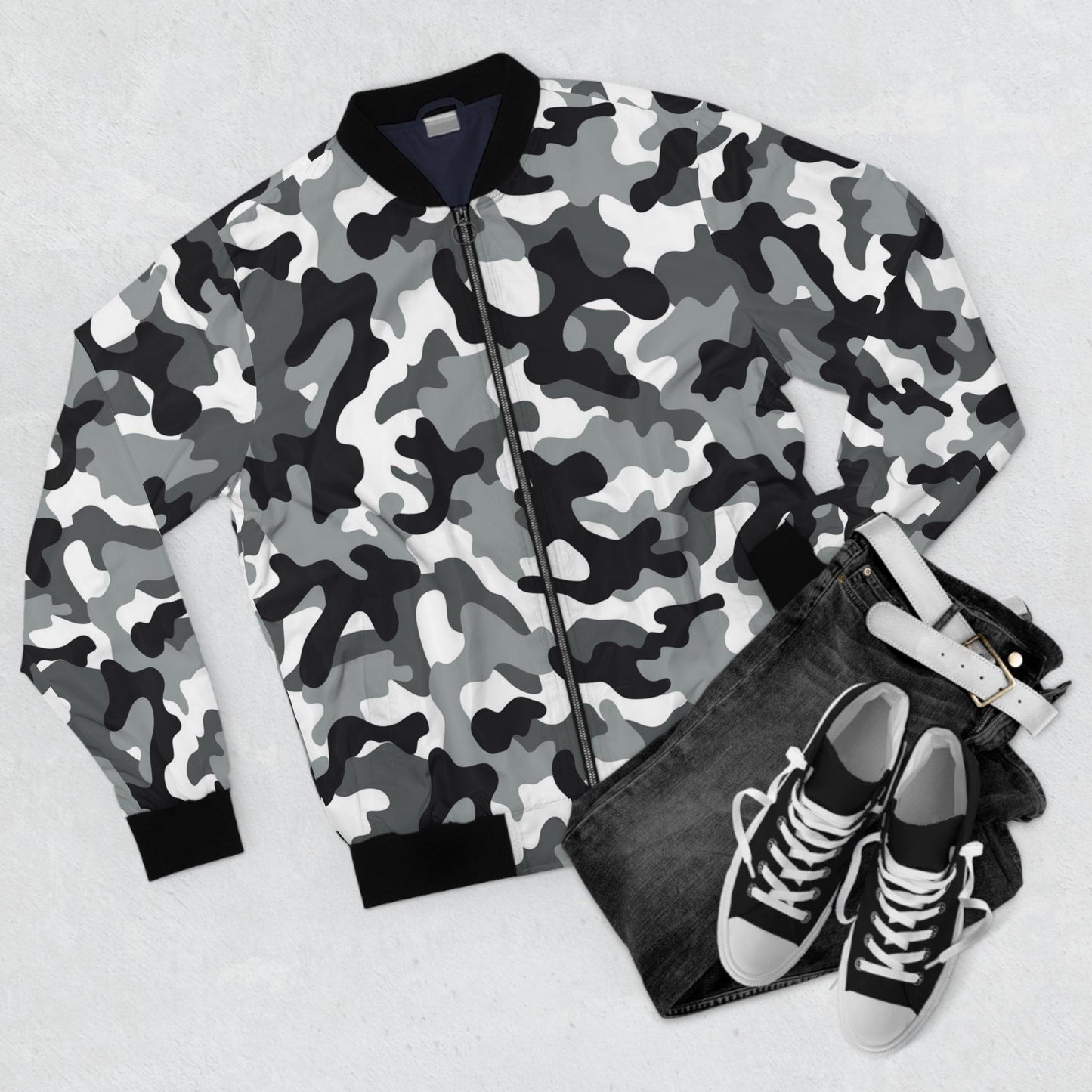 Black, Grey, White Camouflage Men's Bomber Jacket - Lizard Vigilante