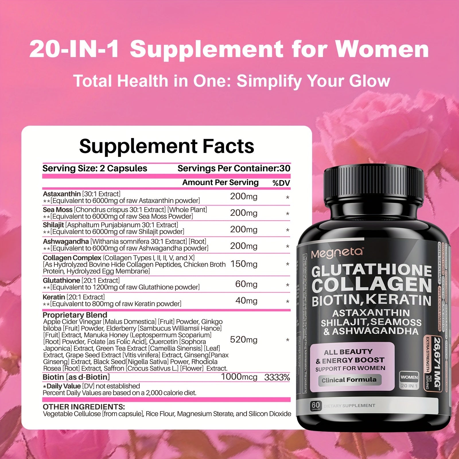 Megneta 20-in-1 Glutathione Collagen Capsules with Biotin, Keratin, Sea Moss & Shilajit – Advanced Hair, Skin, and Nail Supplement for Women - Premium collagen capsules from Lizard Vigilante - Just $25.99! Shop now at Lizard Vigilante