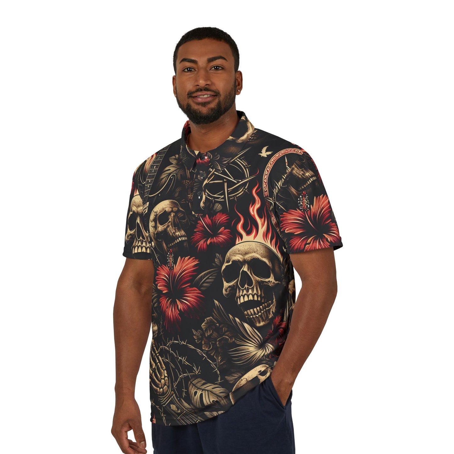 Edgy Floral Skull Polo Shirt, Unisex Casual Wear, Alternative Fashion, Summer Outing, Festival Attire