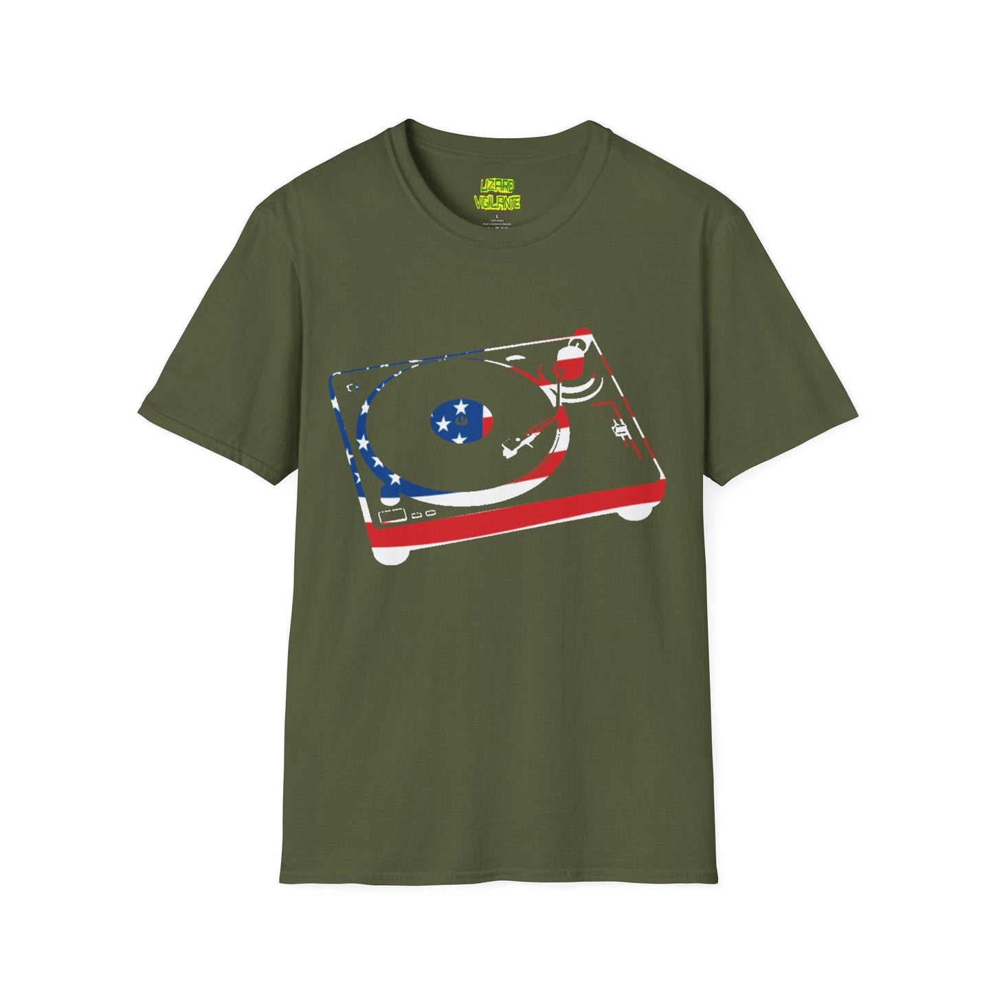 American Flag Turntable Unisex Softstyle DJ T-Shirt - Lizard Vigilante