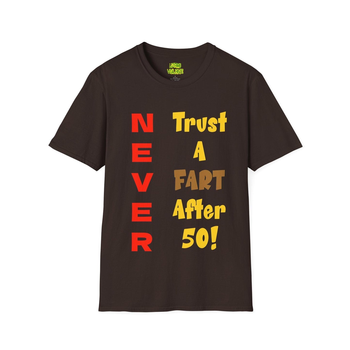 NEVER Trust A FART AFTER 50! Unisex Lightweight Softstyle Tee Shirt Sizes S-4XL, Tear-Away Label - Lizard Vigilante