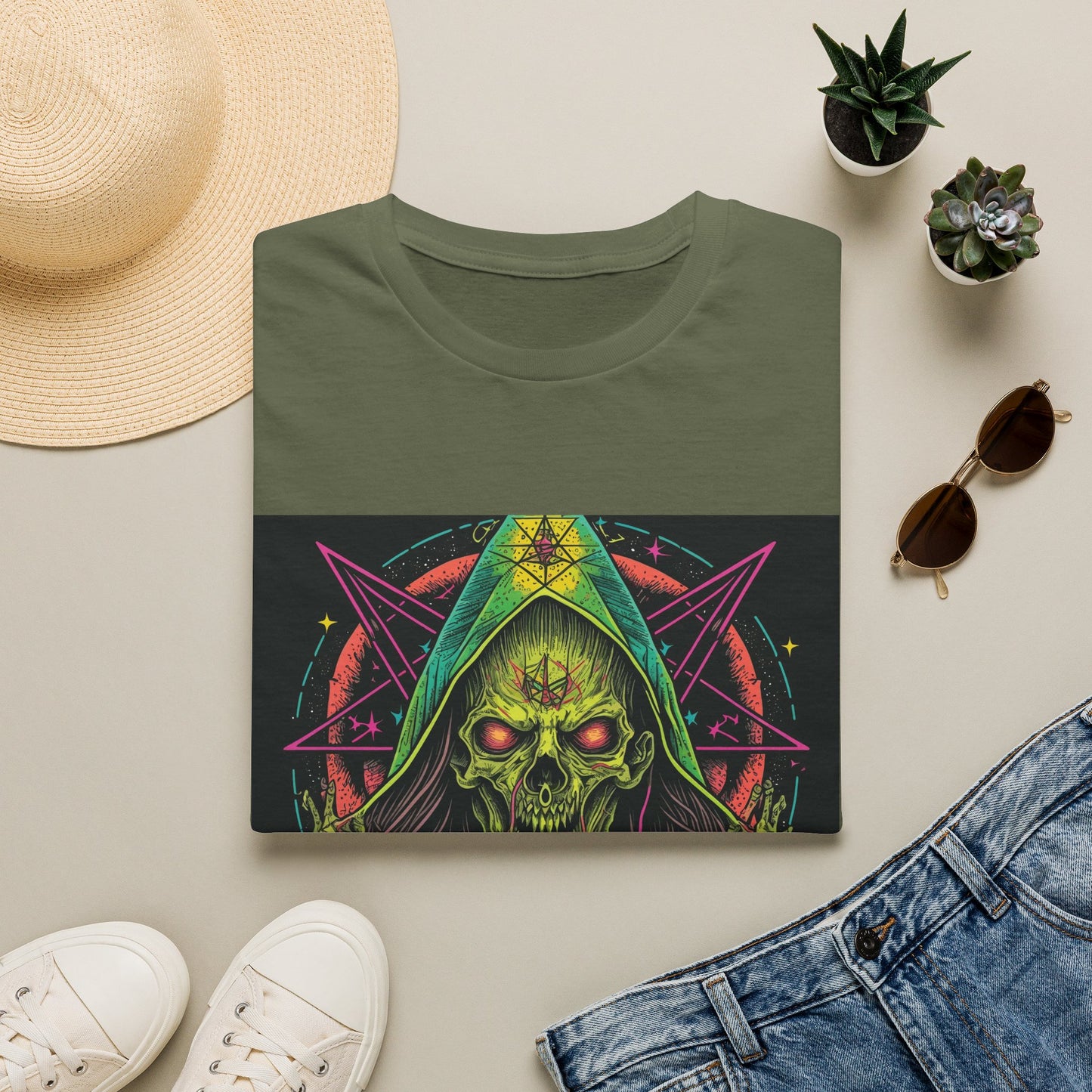 Hooded Skull T-Shirt — Neon Occult Graphic Tee