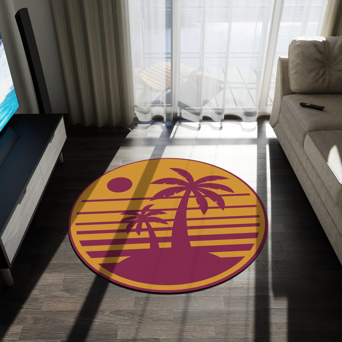 Retro Beach Scene Round Rug - Lizard Vigilante