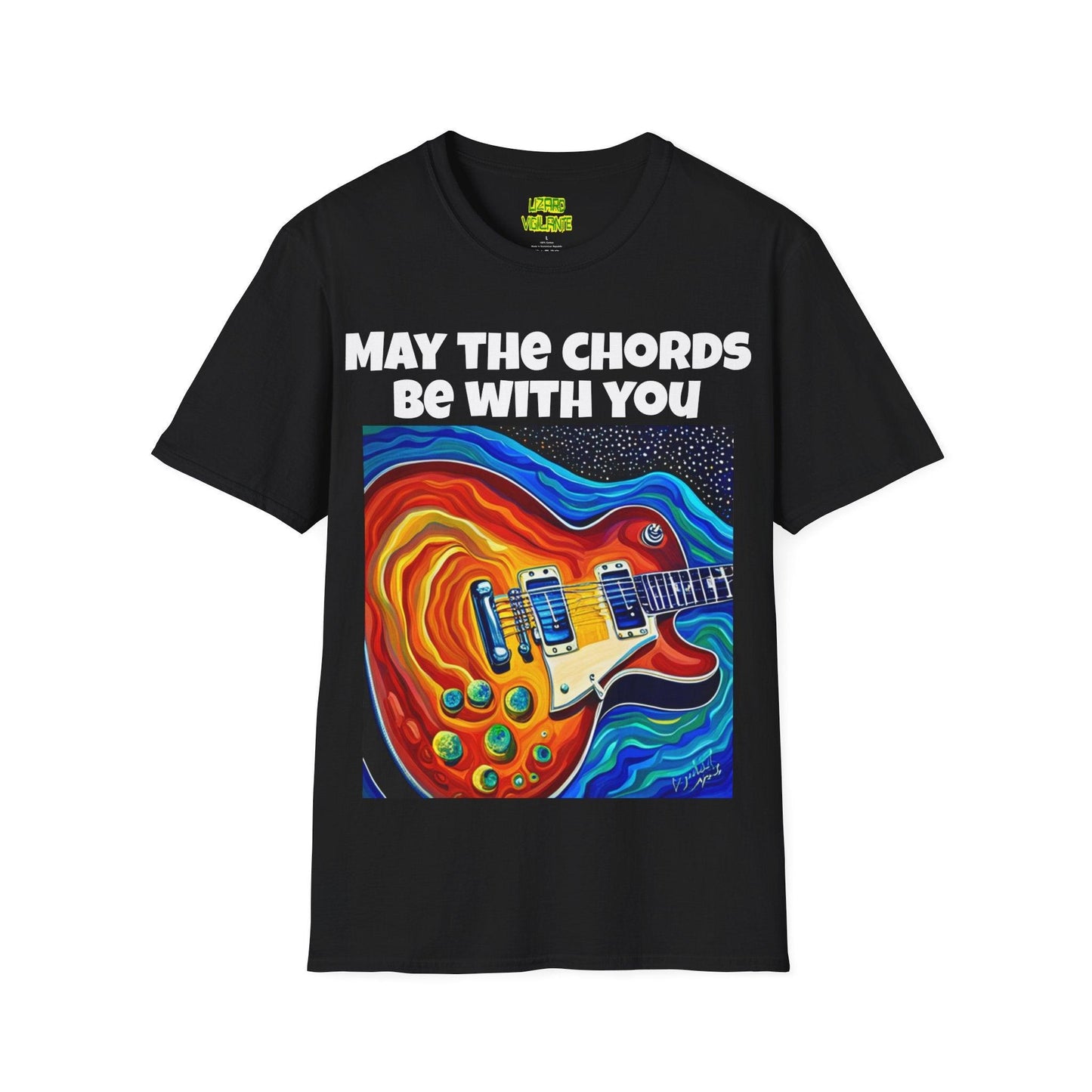 May The Chords Be With You Unisex Softstyle T-Shirt With Psychedelic Guitar Graphic - Lizard Vigilante