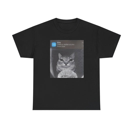 There Is Motion at Your Front Door Funny Cat Shirt – Hilarious Motion Camera Meme Graphic Tee