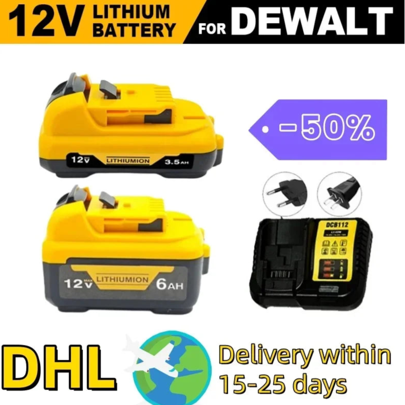 12V lithium battery for Dewalt with charging station and promotional text on a white background