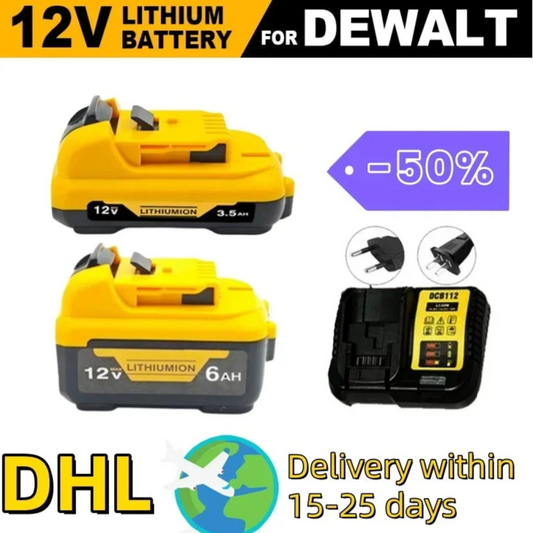 12V lithium battery for Dewalt with charging station and promotional text on a white background