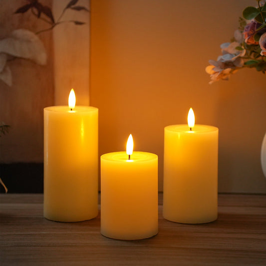 JHY DESIGN Flickering Flameless Candles Battery Operated with 10-Key Remote & 2/4/6/8-Hour Timer, Real Wax Pillar Grease Effect LED Candles Set for Chrismas/Home Decorations(Ivory)
