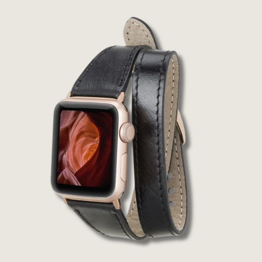 Luxury Double Wrap Black Leather Apple Watch Band - San Diego