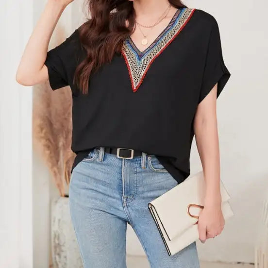 Women's Loose Fit Short Sleeved Breathable Casual Lace V-neck Shirt Top