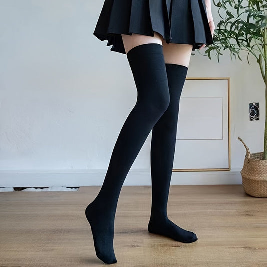 Elastic Solid Thigh High Socks, Japanese Style Over The Knee Socks, Women's Stockings & Hosiery