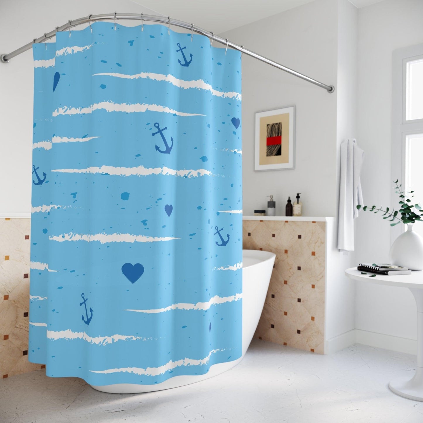 Sailing Hearts Pattern Polyester Shower Curtain - Lizard Vigilante