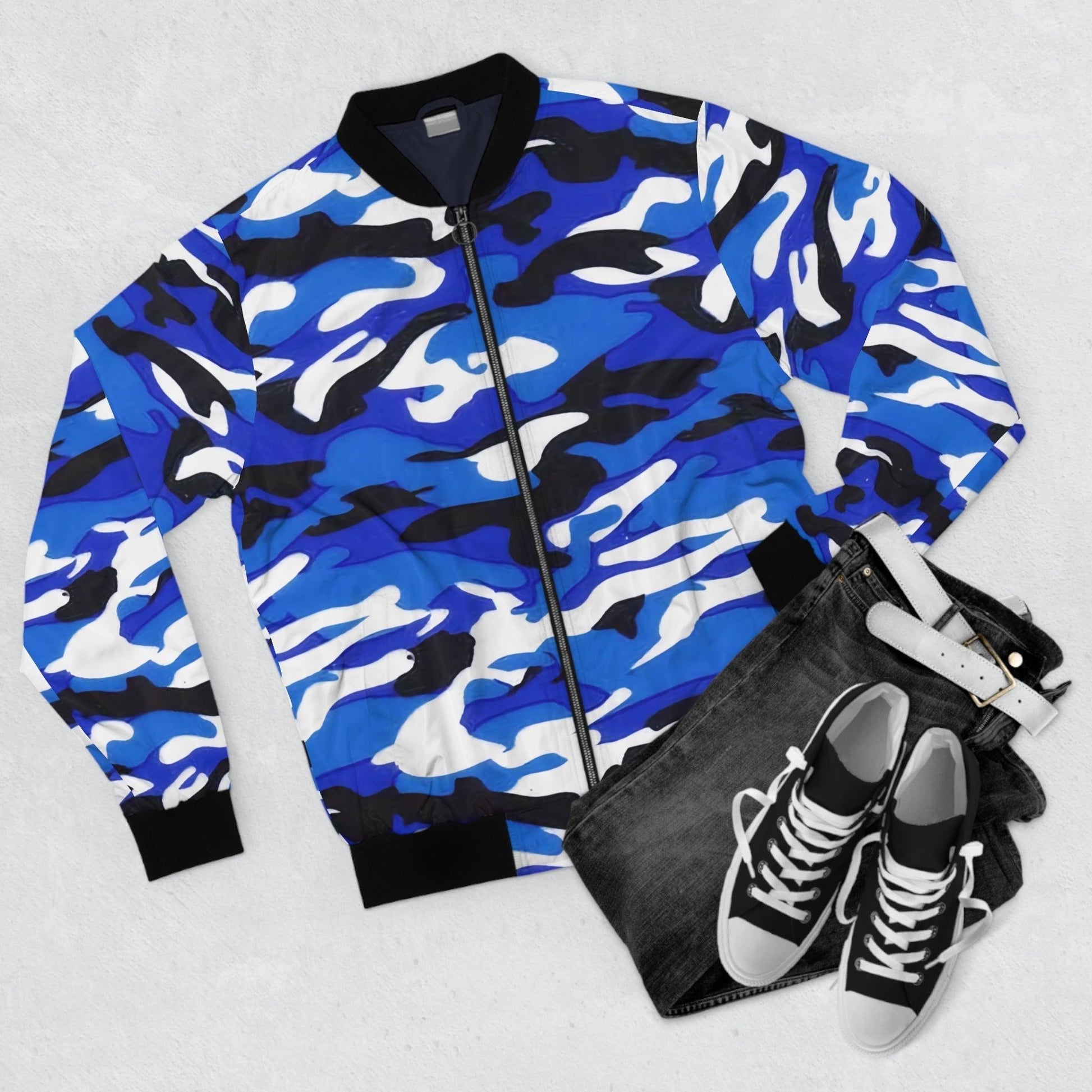 Blue, Black, Gray, White Camo Men's Bomber Jacket - Lizard Vigilante