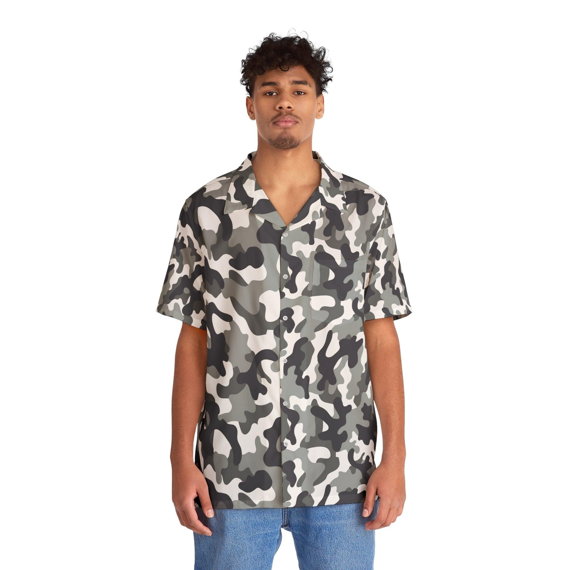 Men'sBlack White Grey Camo Hawaiian Shirt - Lizard Vigilante