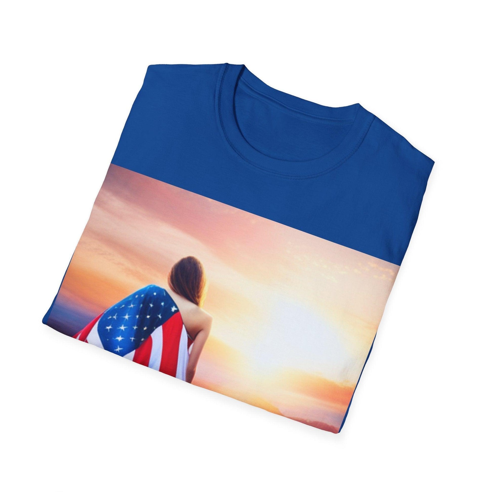 American Woman! Patriot Draped Red, White, and Blue Flag Over Shoulder Looking at Beautiful Horizon Unisex Softstyle T-Shirt - Lizard Vigilante