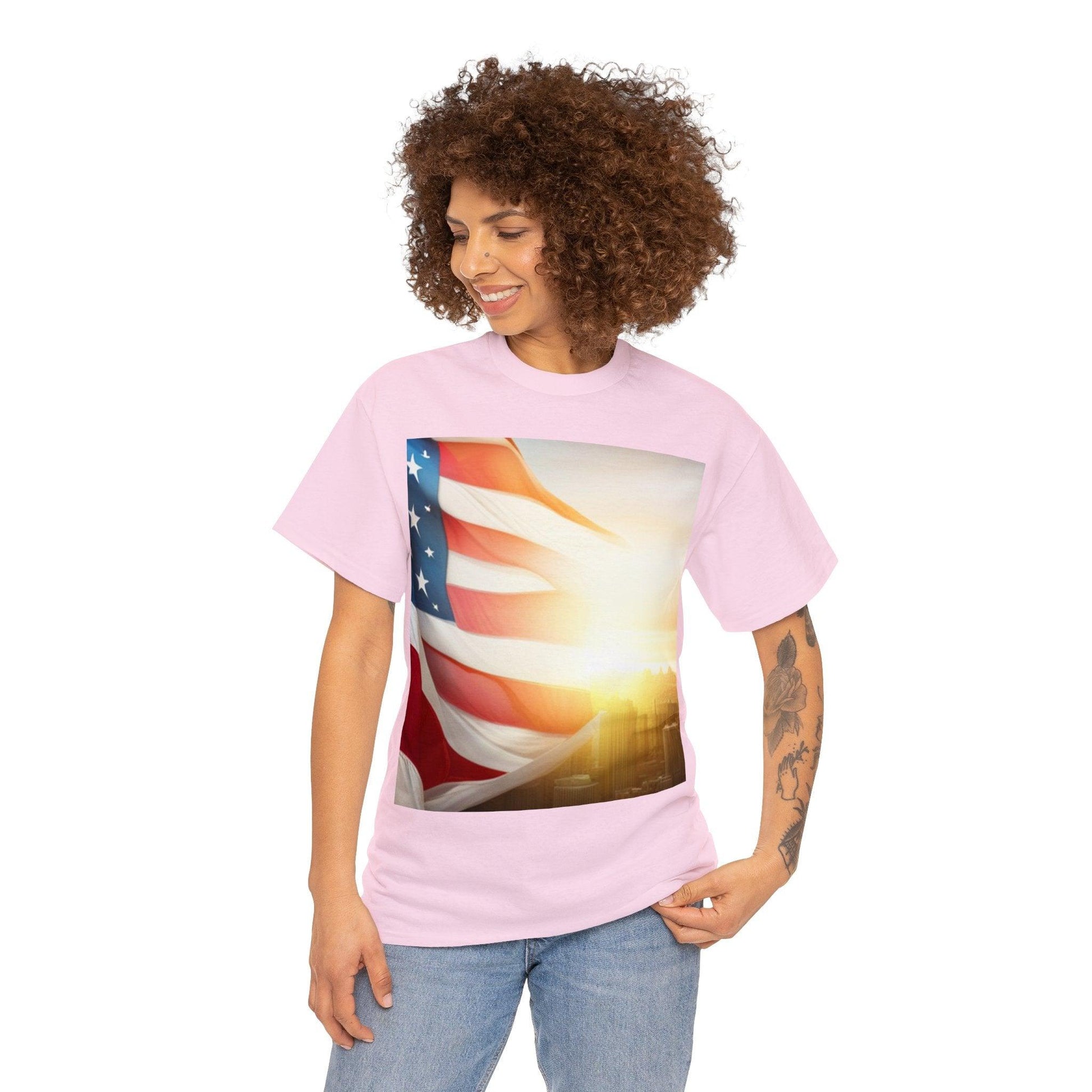 Patriot American Flag Over Gotham Unisex Heavy Cotton Tee / Red, White, and Blue Old Glory Sun T-Shirt - Lizard Vigilante