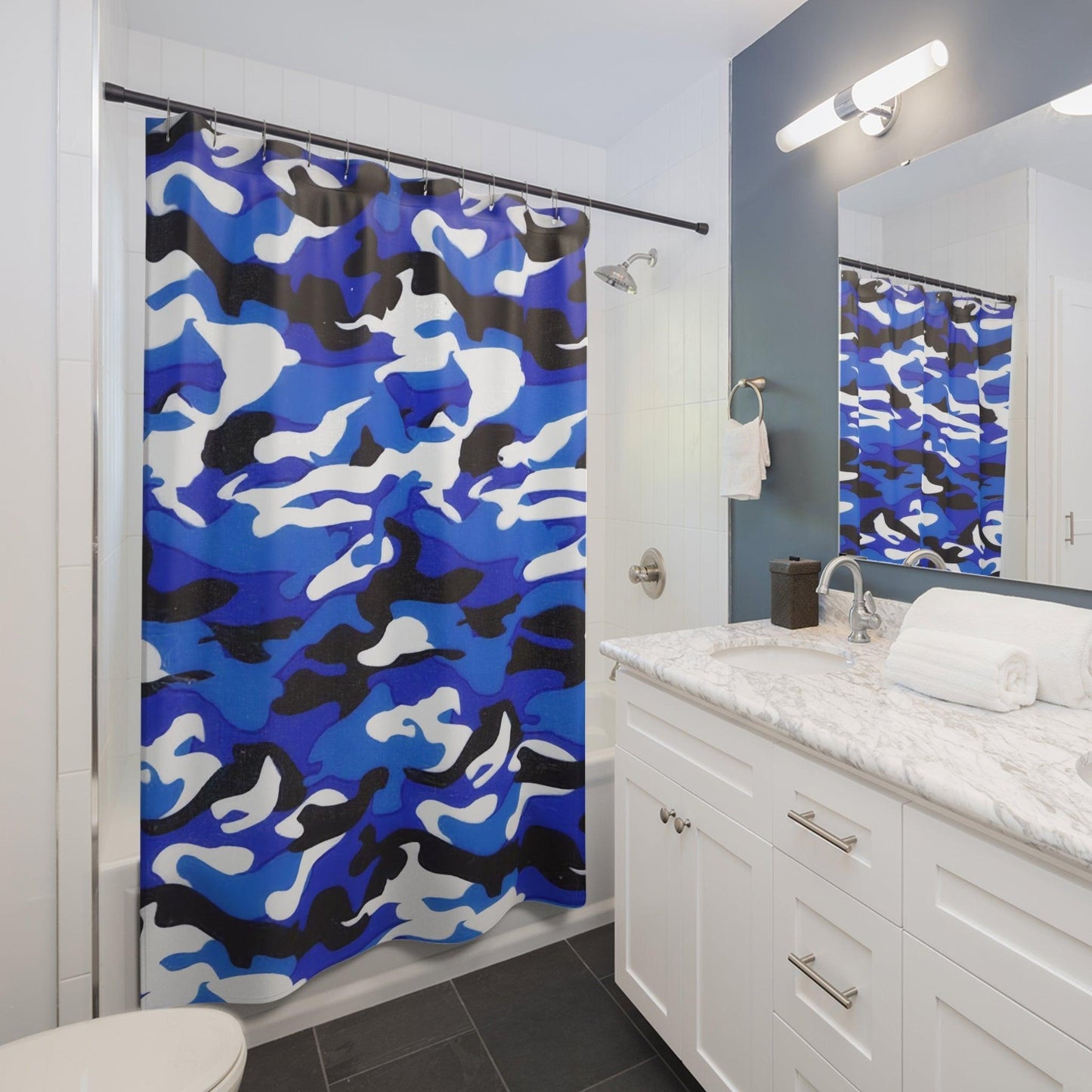 Blue Black White Camo Shower Curtains - Lizard Vigilante