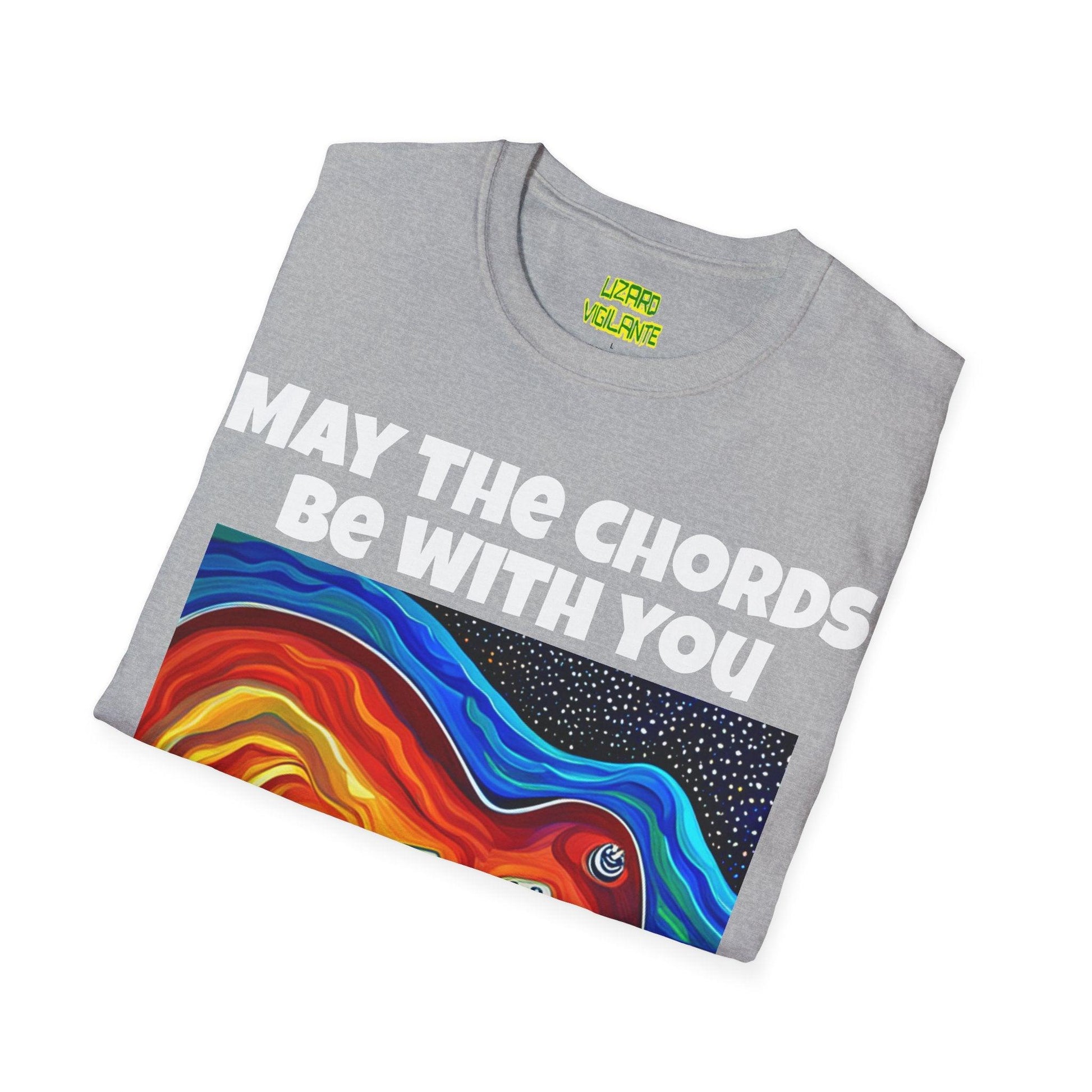 May The Chords Be With You Unisex Softstyle T-Shirt With Psychedelic Guitar Graphic - Lizard Vigilante