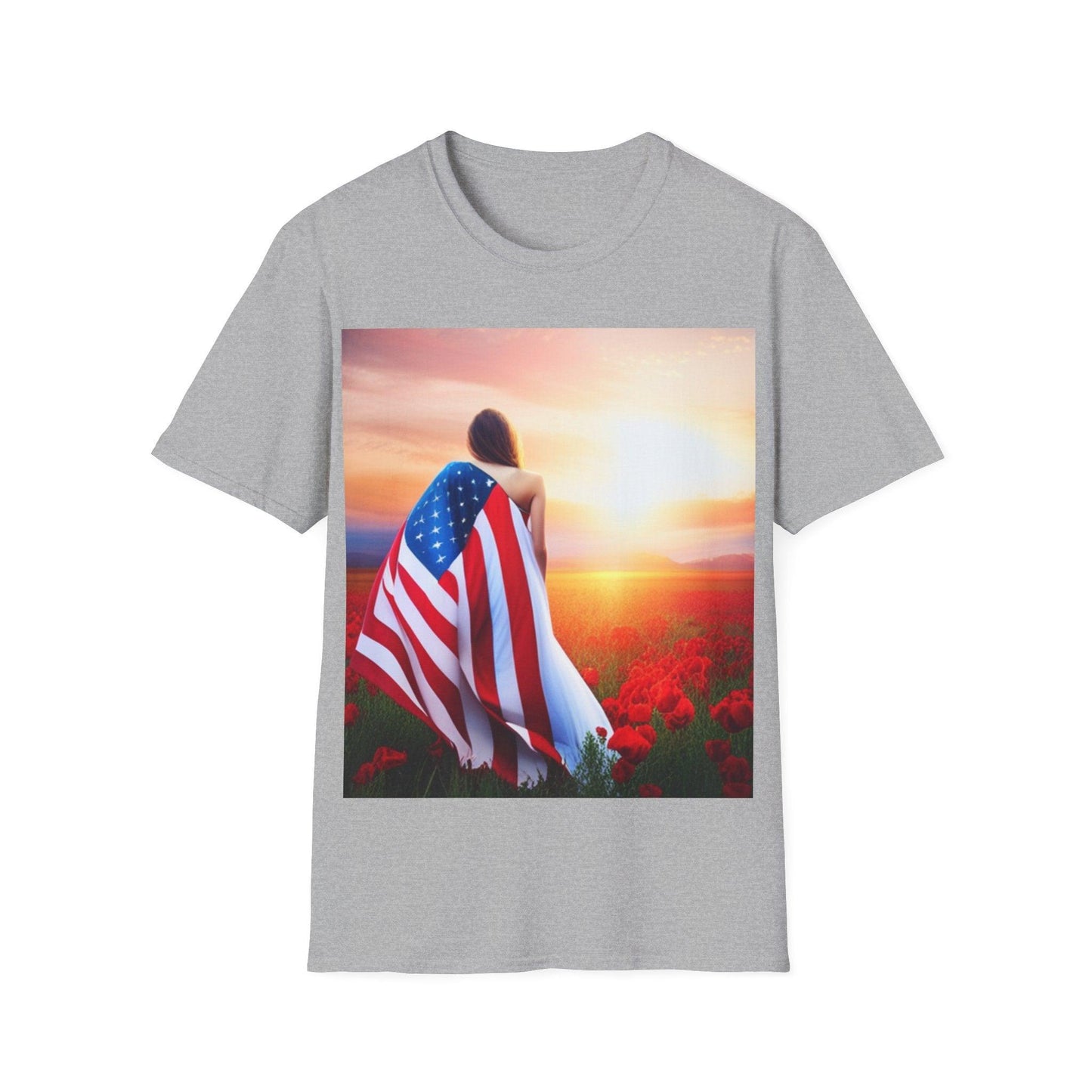 American Woman! Patriot Draped Red, White, and Blue Flag Over Shoulder Looking at Beautiful Horizon Unisex Softstyle T-Shirt - Lizard Vigilante