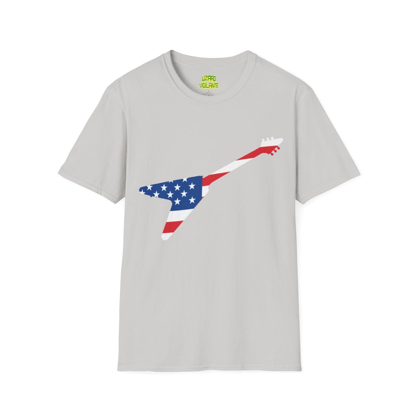 American Flag Colored Flying V Electric Guitar Unisex Softstyle T-Shirt - Lizard Vigilante