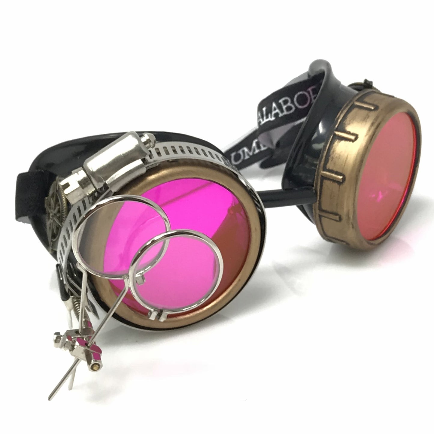 Steampunk Goggles with magnifying loupes UV glow neon pink spiral diffraction lenses