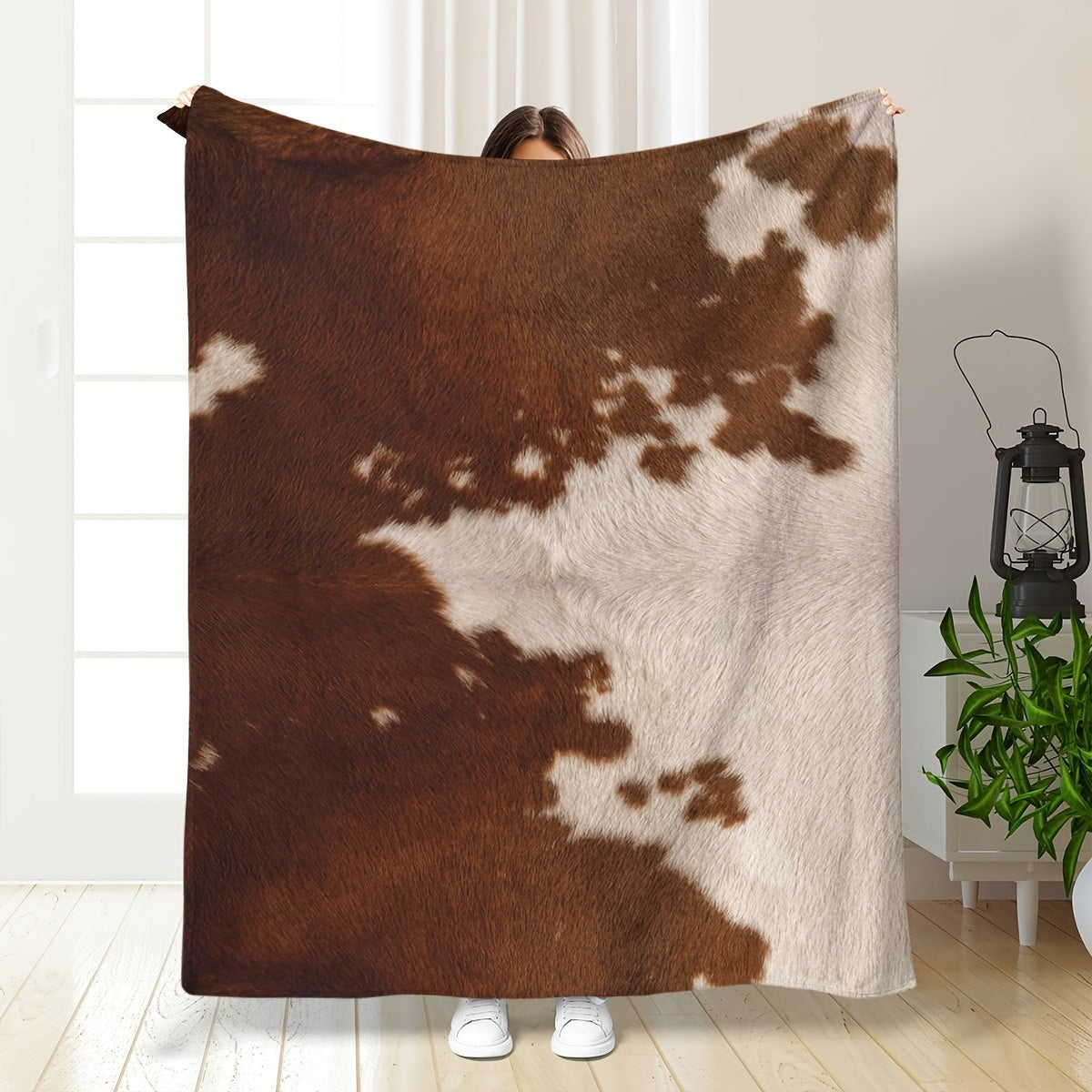 1pc Soft Flannel Rustic Cowhide Printed Blanket Shawl - Throws for Sofa, Lunch Break, and Napping - Ultra-Soft, Skin-Friendly, Casual, Multi-Purpose, and Perfect for Indoor and Outdoor Use