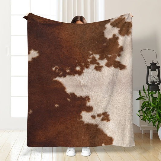 1pc Soft Flannel Rustic Cowhide Printed Blanket Shawl - Throws for Sofa, Lunch Break, and Napping - Ultra-Soft, Skin-Friendly, Casual, Multi-Purpose, and Perfect for Indoor and Outdoor Use