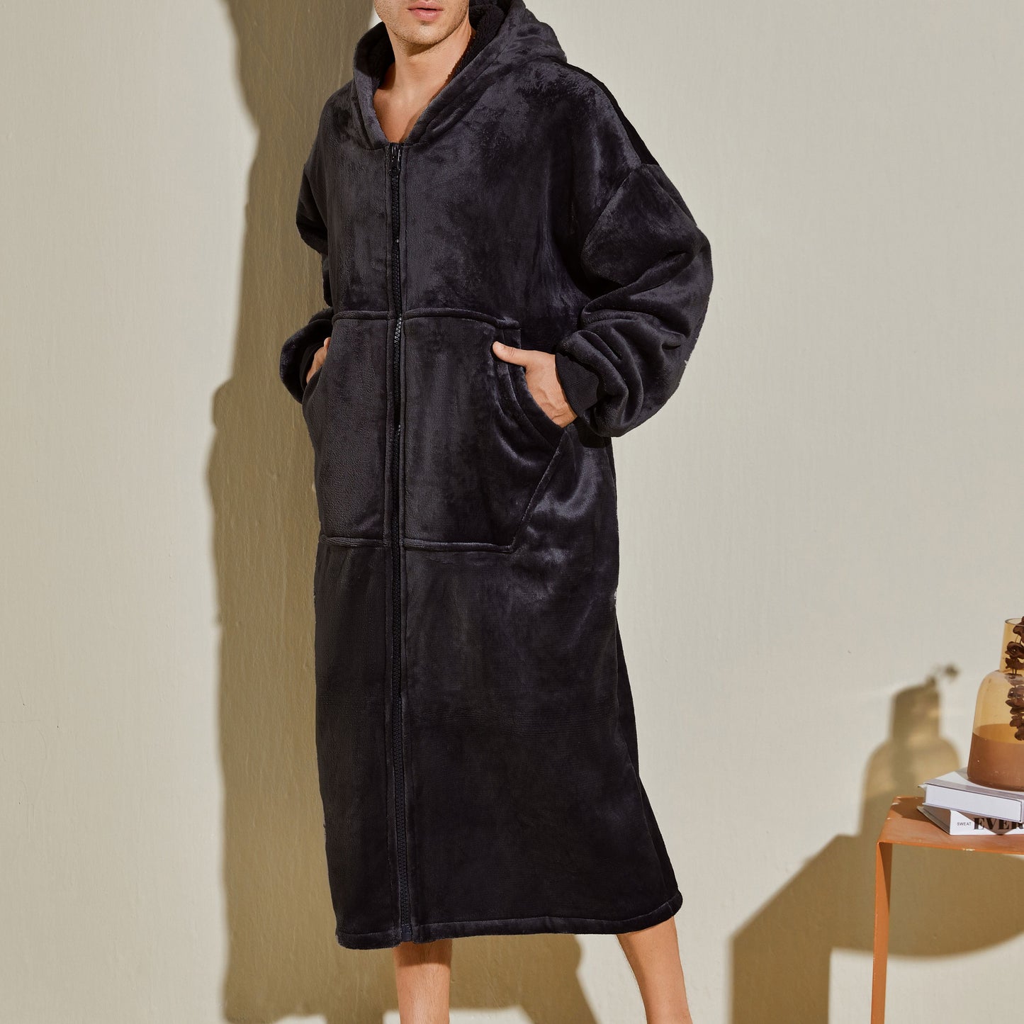 Men's Oversized Warm And Comfortable Flannel Blanket Robe, Long Sleeve Zipper Hoodie Sweatshirt Hooded Sleep Robe With Deep Pocket Pajamas Loungewear Robe For Autumn Winter