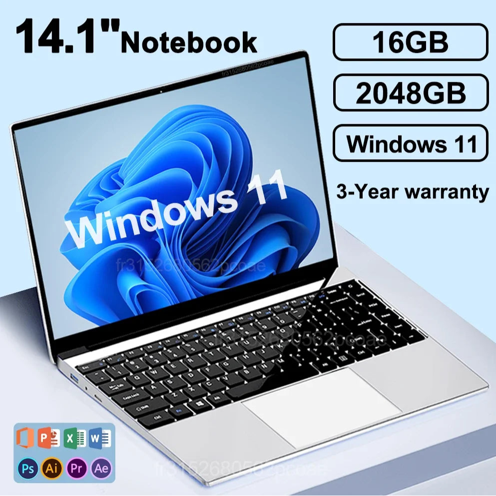 14.1" Notebook with Windows 11 on screen, 16GB RAM, 2048GB storage, and 3-year warranty.