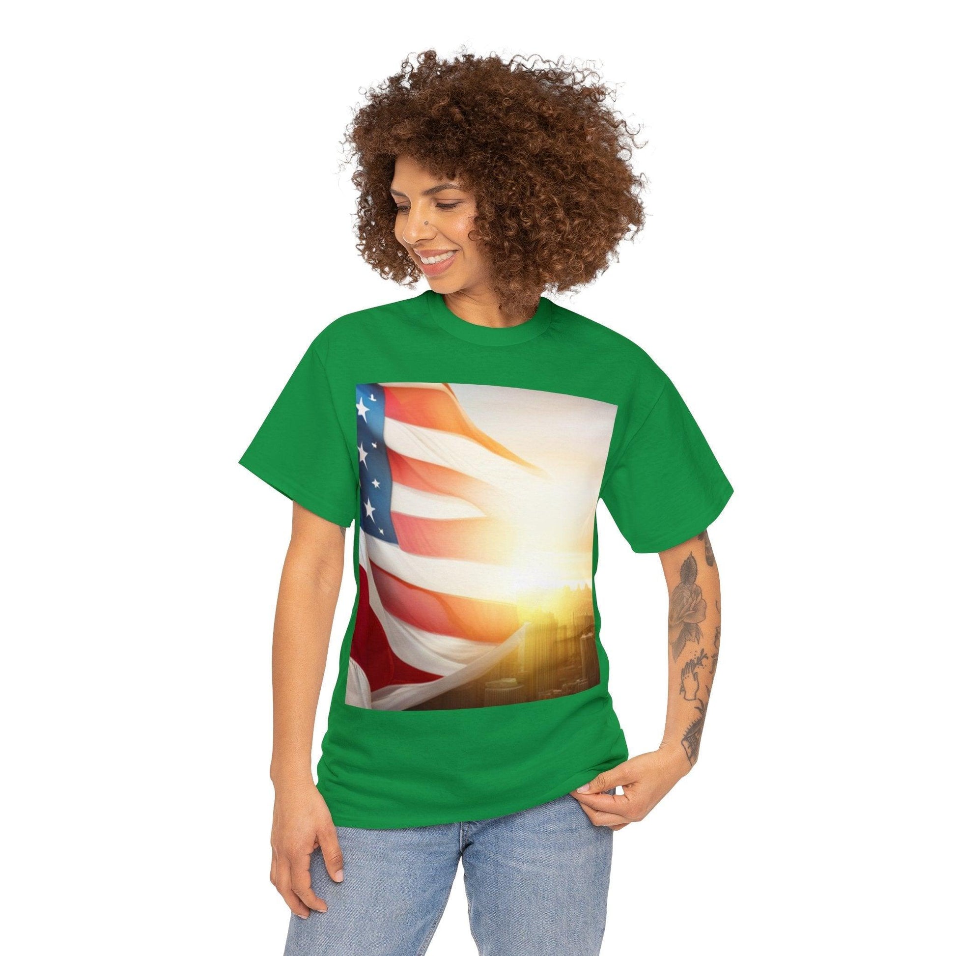 Patriot American Flag Over Gotham Unisex Heavy Cotton Tee / Red, White, and Blue Old Glory Sun T-Shirt - Lizard Vigilante