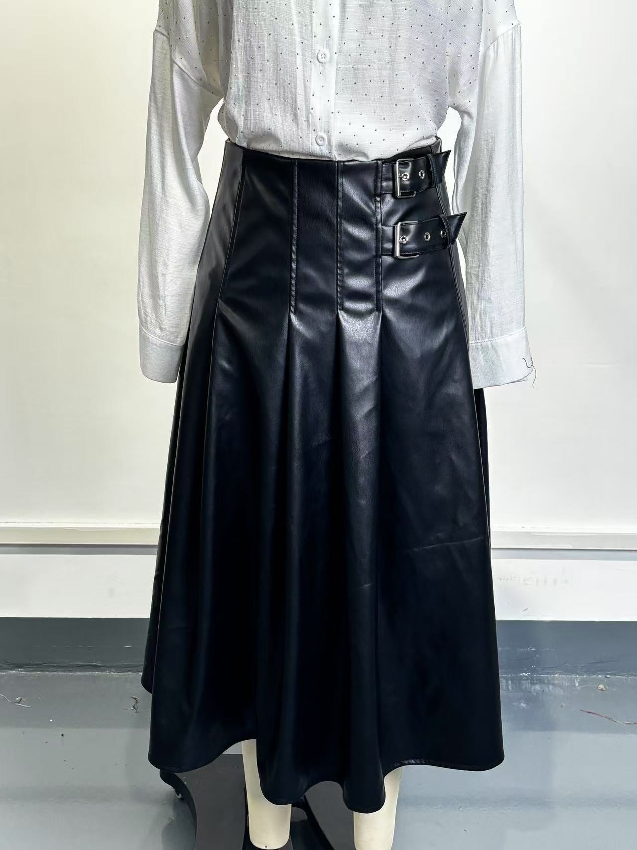 Women A line Pleated Faux Leather Skirt Large Swing Waist Leather Skirt