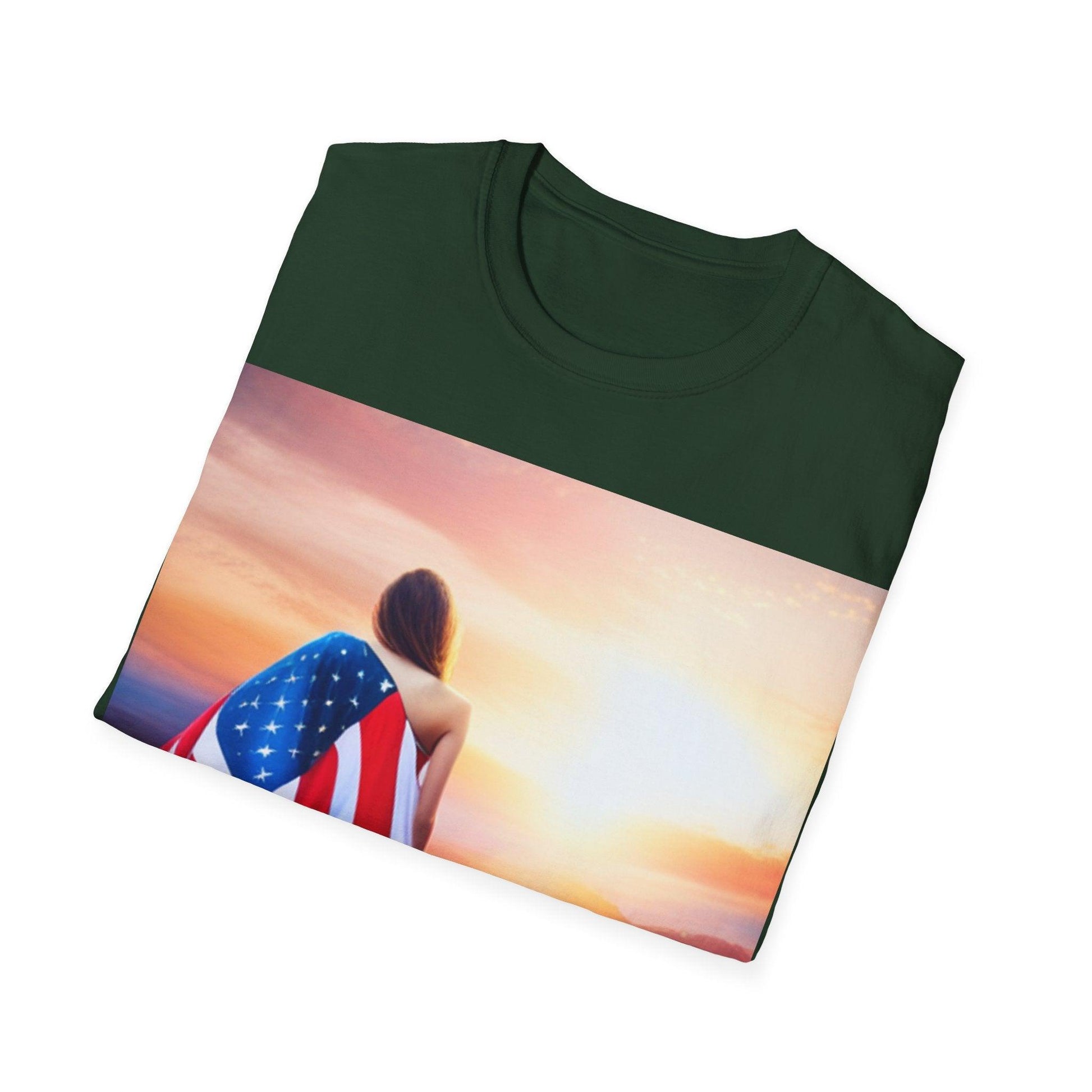 American Woman! Patriot Draped Red, White, and Blue Flag Over Shoulder Looking at Beautiful Horizon Unisex Softstyle T-Shirt - Lizard Vigilante