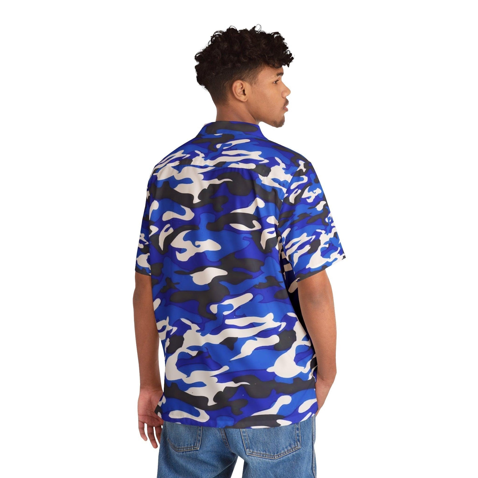 Blue Black White Camo Men's Hawaiian Shirt - Lizard Vigilante