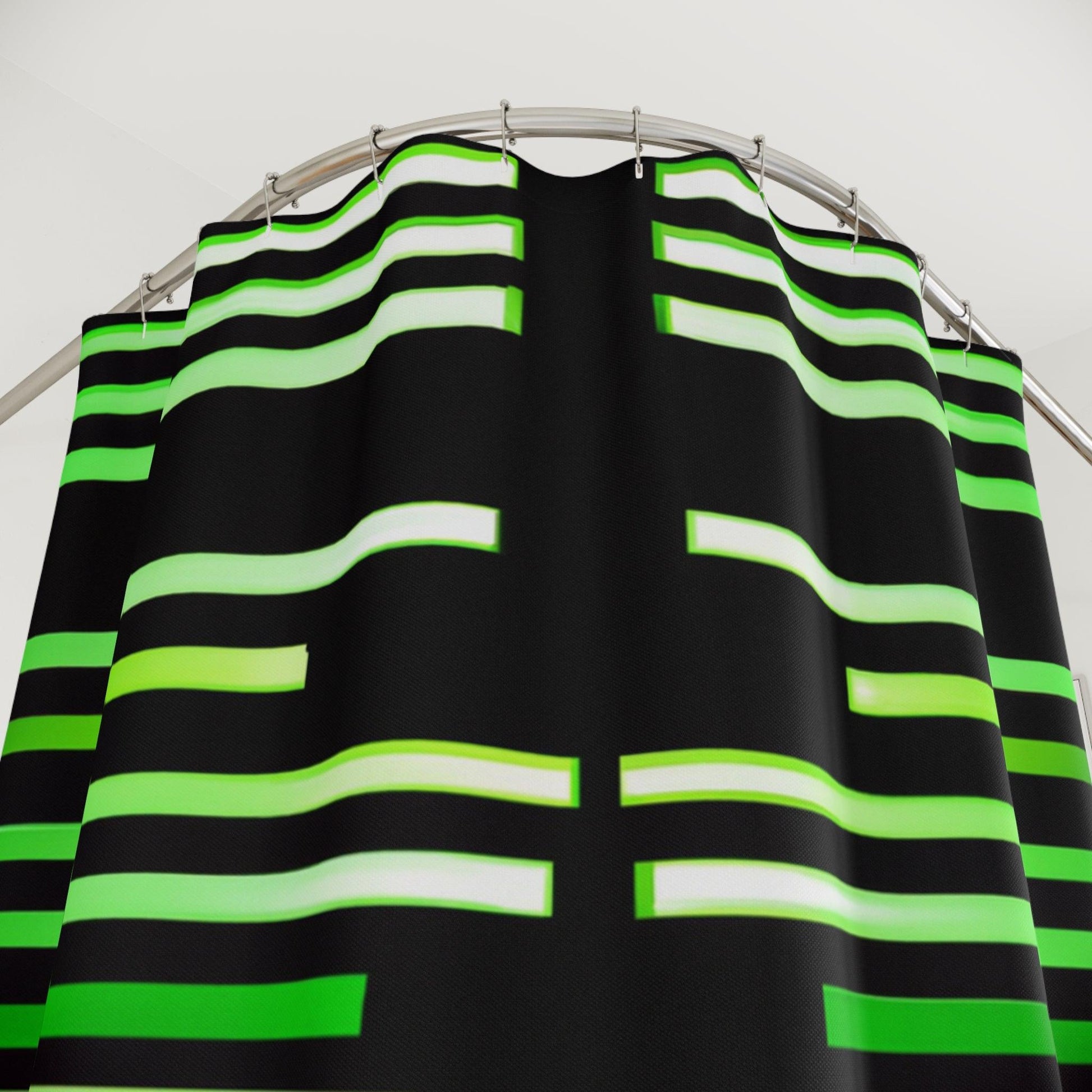 Green & Gold White Lines at Black Polyester Shower Curtain - Lizard Vigilante