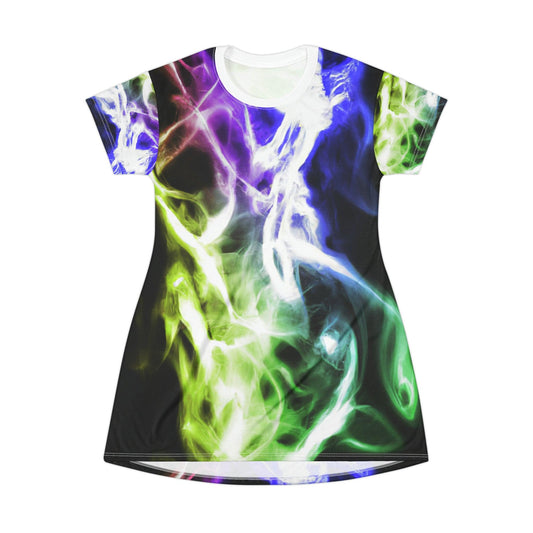 Smoke Show Neon Purple & Green T-Shirt Dress (AOP) Designed by Evets! for Lizard Vigilante - Lizard Vigilante